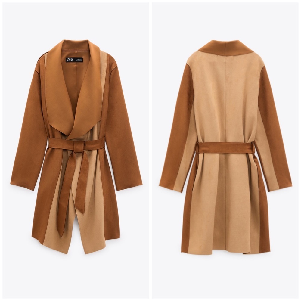 🌞 ZARA Brown Tan Faux Suede Patchwork Jacket Trench Coat